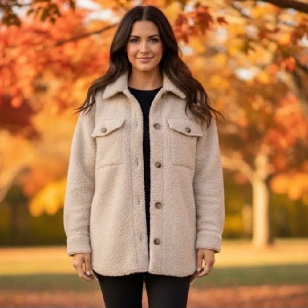 Joie Teddy Sherpa Oversized Button Up Jacket Shacket Cream